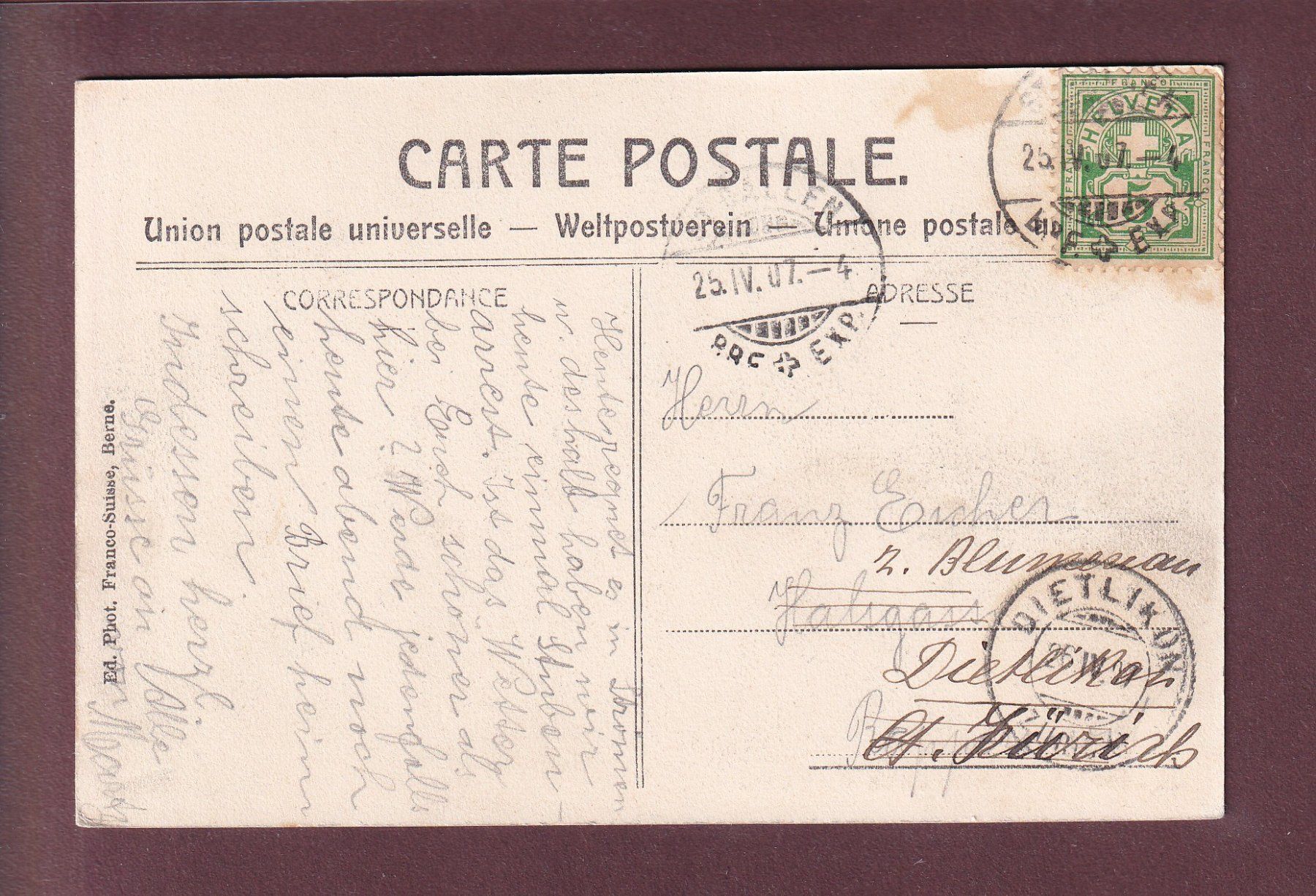 Cartoline postali: ST. GALLEN - Im Stadtpark - 1907 – Usato da Pully venduto da nicecards 1