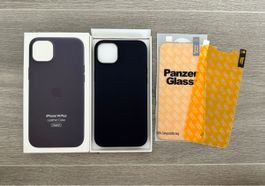 iPhone 14 Plus Leder Case + Panzerglas 2 Stk Original NEU 