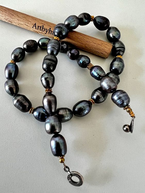 Halskette Mit Tahiti-Perlen 12-11mm - Schwarz-blaue Perlenkette