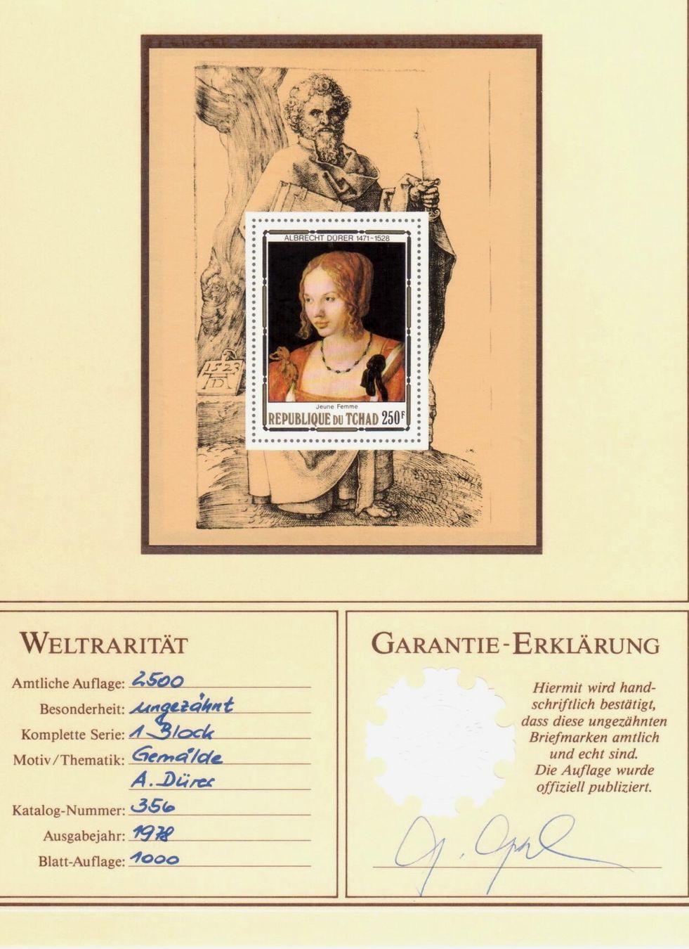 Alle Briefmarken: Albrecht Dürer - Tchad - 1978 - RARE – Neu und originalverpackt aus Chavornay von 4dphila