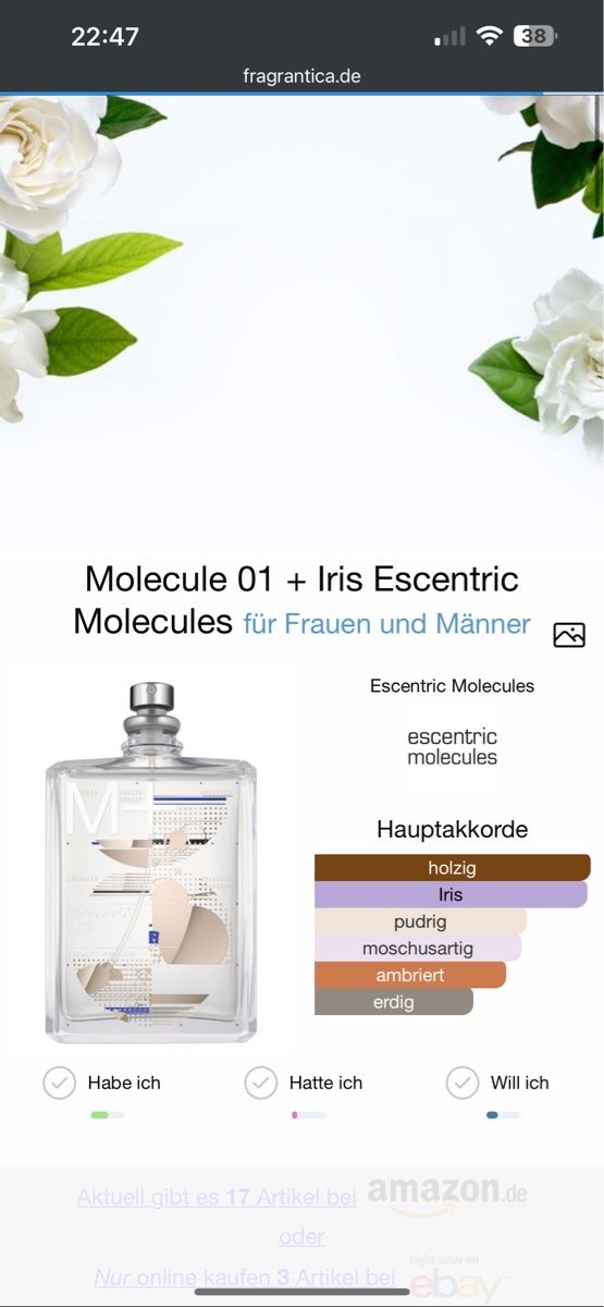 Parfum & Eau de Toilette: Escentric Molecules - Molecule 01 + Iris ,2 ml – Gebraucht aus Sursee von nri_g5z8 1