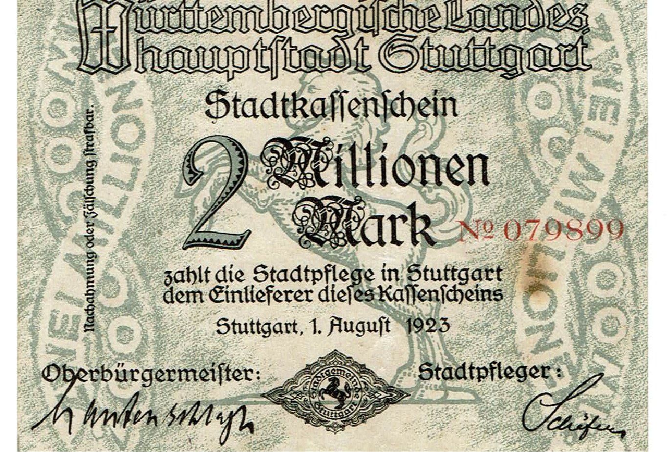 Banconote: Stuttgart 2 Mil.Mark 01.08.1923 VZ-VZ+ – Usato da Steffisburg venduto da ber_8htf