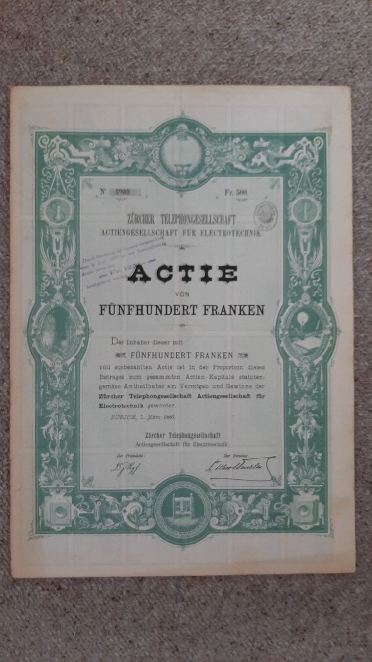 Documenti: Aktie Zuercher Telephongesellschaft, 1887 – Usato da Porza venduto da ulletta1