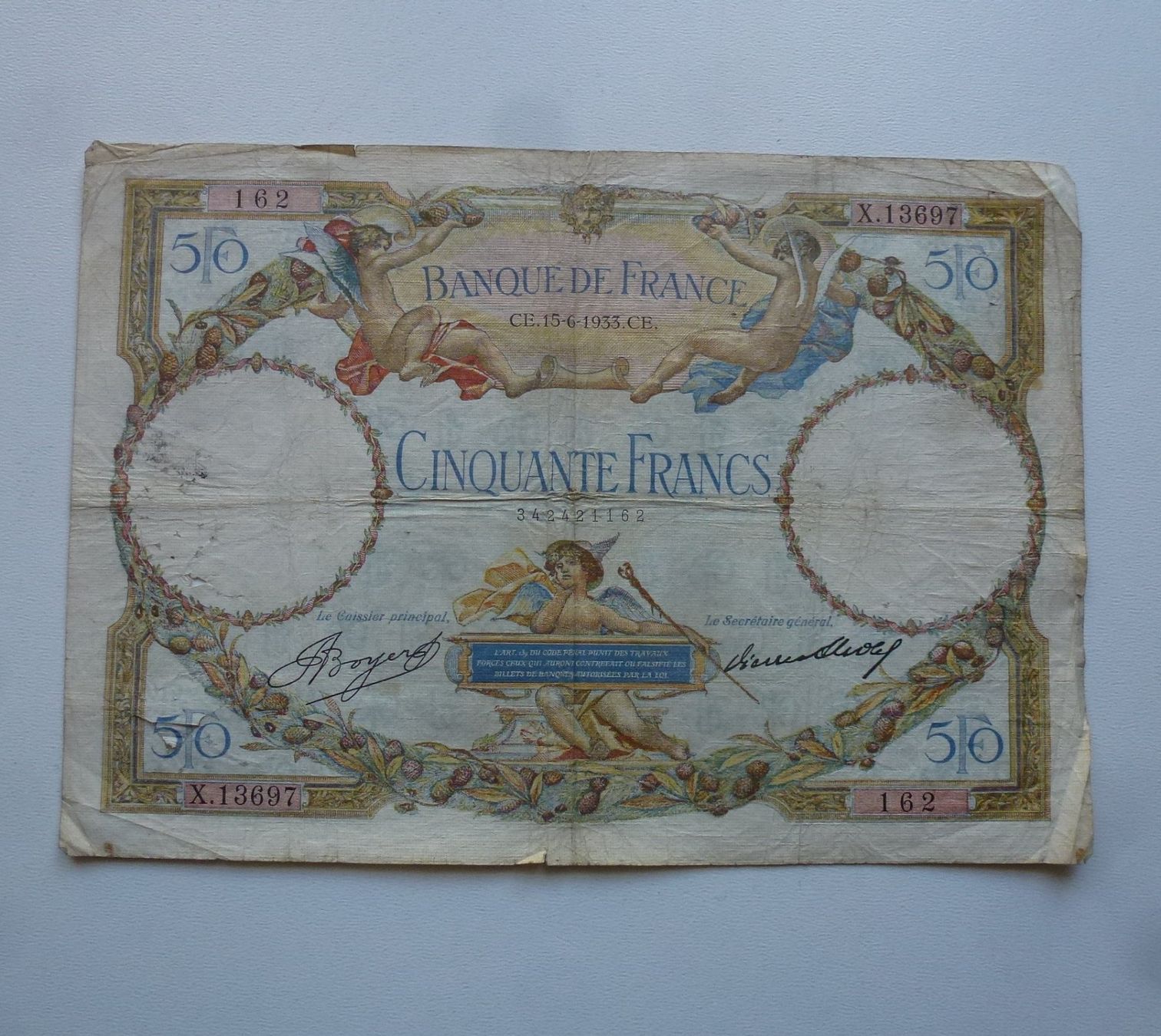 Banknoten: Frankreich ++ 50 Francs 15.06.1933 – Gebraucht aus Walkringen von Casablanca777