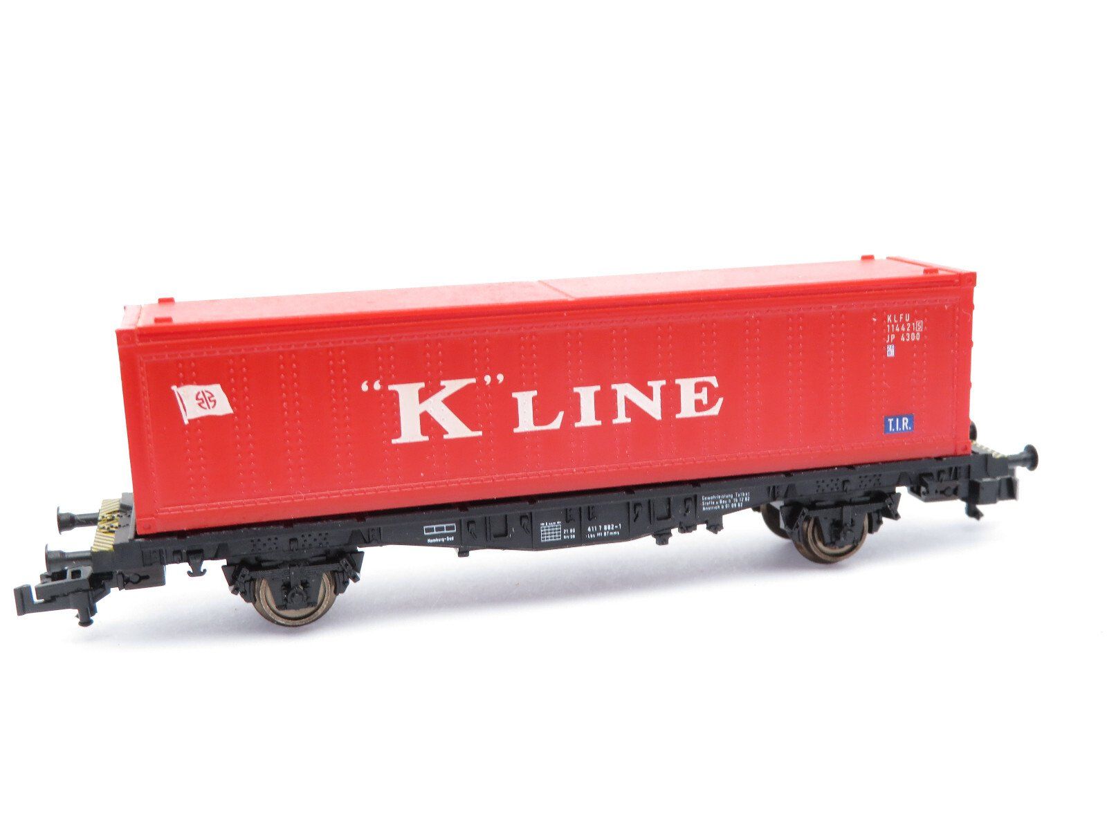 Fleischmann Modellini di ferrovie: Fleischmann Spur N 2achs. Flachwagen Container "K Line" – Usato da Unterengstringen venduto da b.kaiser81 1