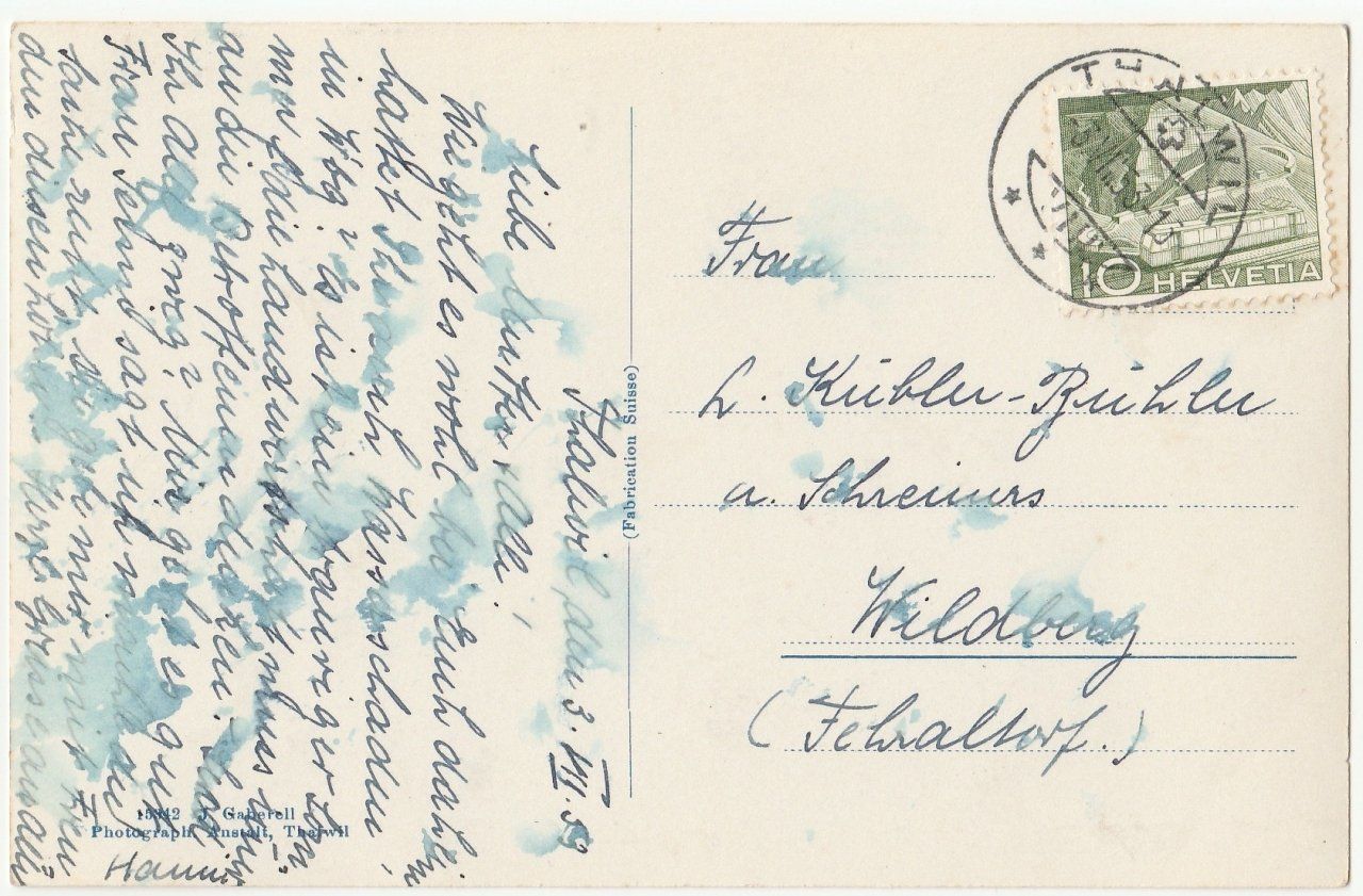 Ansichtskarten: Thalwil.  Friedhofkapelle - (1953) – Gebraucht aus Fällanden von Blausegelfliege 1