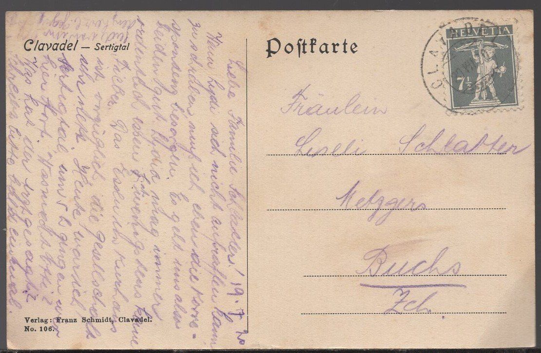 Cartoline postali: Clavadel - Sertigtal  1920 – Usato da Aarau venduto da kufi44 1