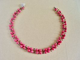 Vintage Collier Zwei Reihen, Himbeer-Rot