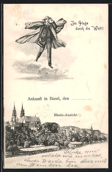 Cartoline postali: Basel, Mann im Anzug fliegt über den Or – Usato da Berlin venduto da bartko-reher
