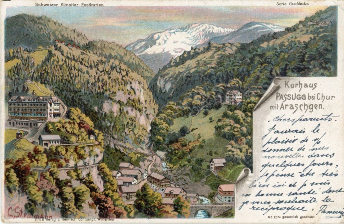 Cartoline postali: Passugg   GR   bei Chur mit Araschgen      um 1902 – Usato da Brig venduto da Valcards54