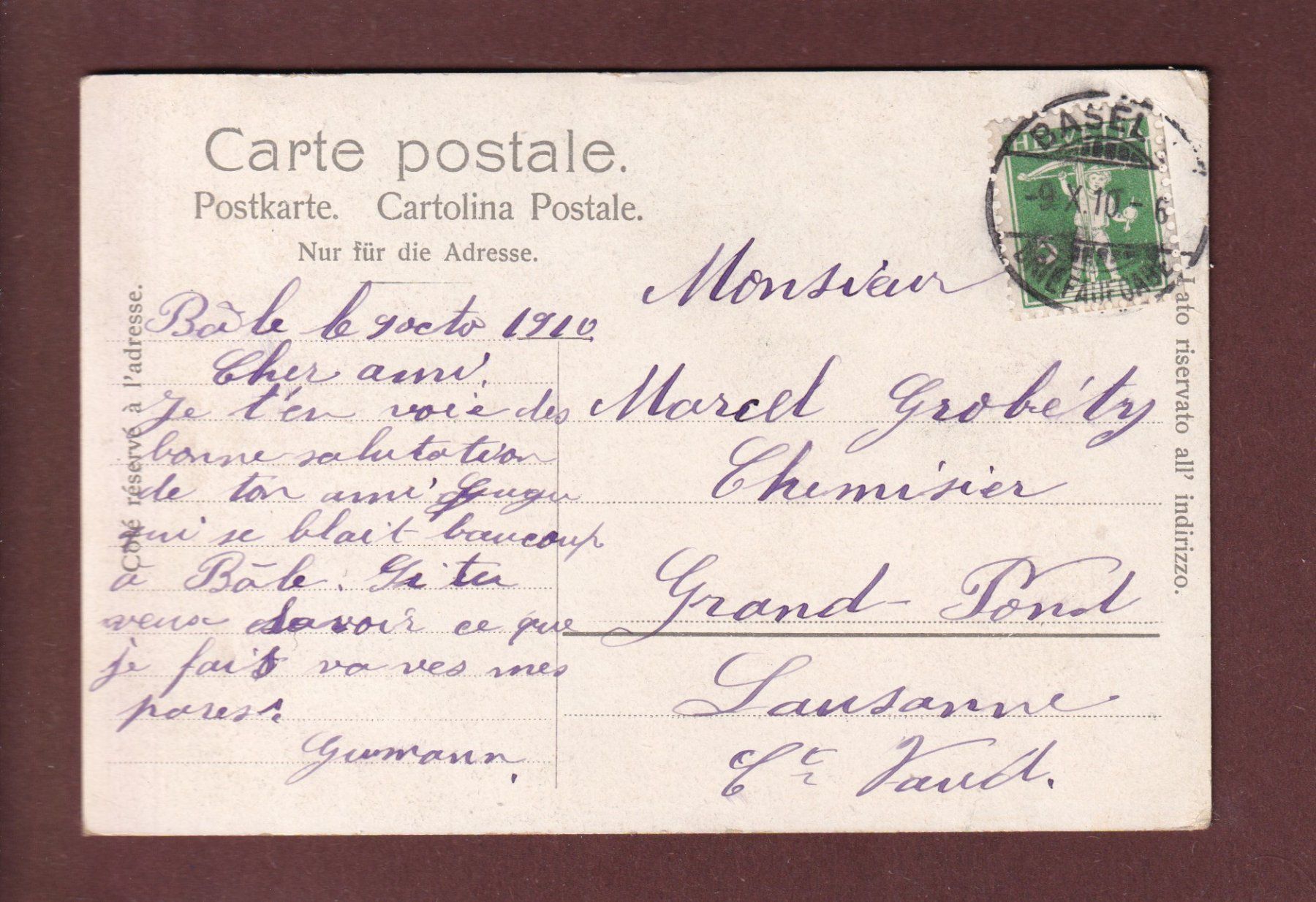 Cartoline postali: BASEL - Spalentor - 1910 – Usato da Pully venduto da nicecards 1