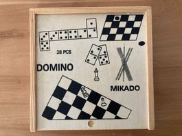 4 Spiele in Holzbox / Reisebox : Schach Mikado Dame Domino