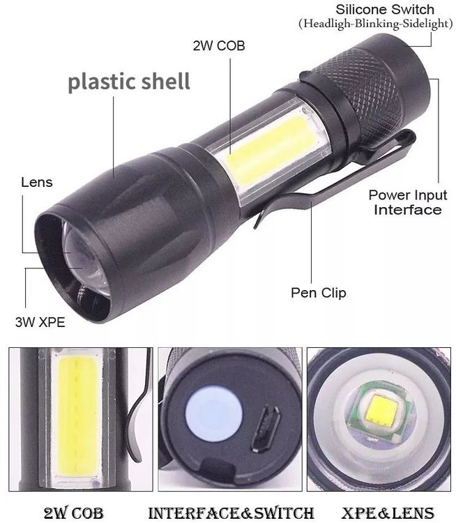 Marco Paul Wiederaufladbare LED-Taschenlampe Mit Zoom - Wasserdicht, 3W XPE & 2W COB, Inkl. Koffer