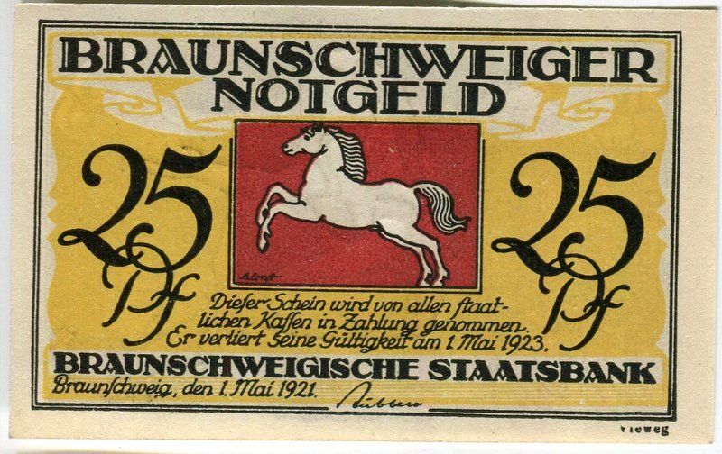 Banconote: Notgeld "25 Pfennig. Braunschweig 1921". – Usato da Basel venduto da Butsch5 1