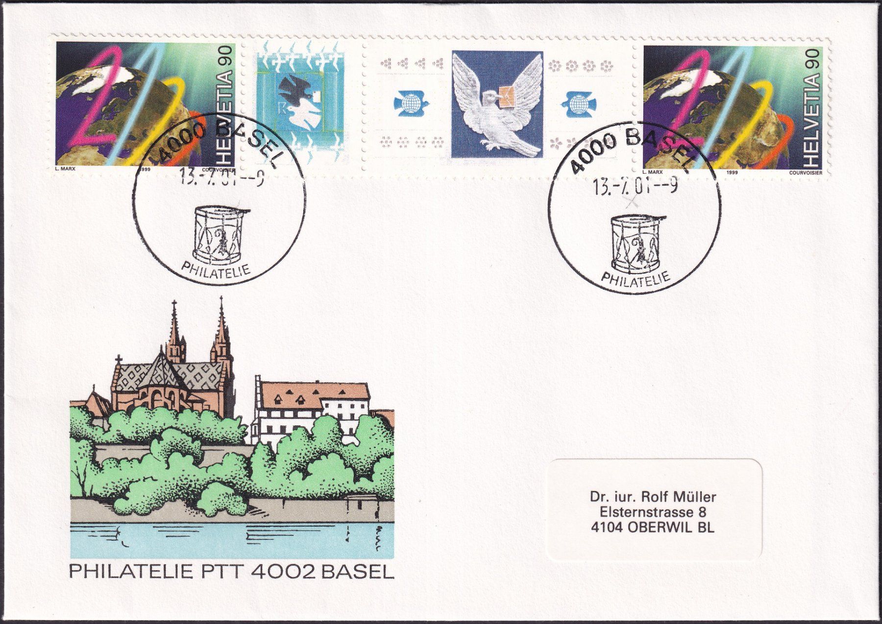 Tutti i francobolli: 2001, Millenniums-Brief "mit BASLER TAUBE von BASEL n.Oberw. – Usato da Sursee venduto da Luzernerraute