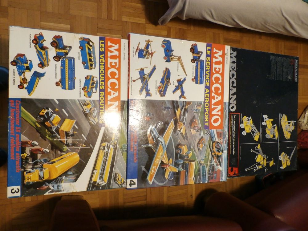 Lot De 3 Boîtes Meccano Série M – 3, 3A Et 4A Dorées Et Bleues, Notices Incluses