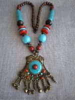 Collier vintage bohème ethnique turquoise & rouge