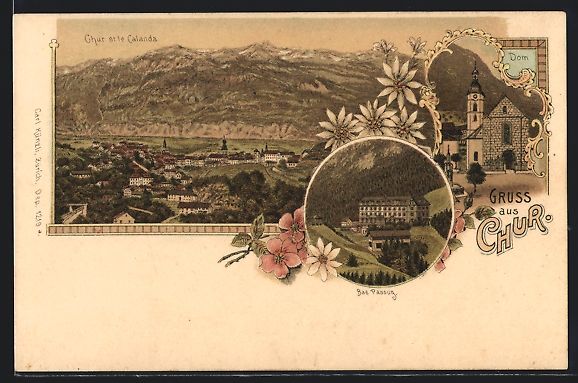 Cartoline postali: Litho Chur, Dom, Gesamtansicht mit Blick – Usato da Berlin venduto da bartko-reher