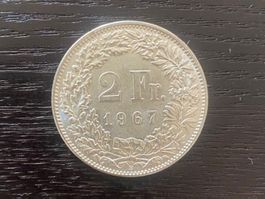 1 x 2 Franken Schweiz 1967 – sehr schöner Stempelglanz