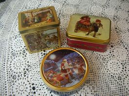 Drei winterliche/weihnachtliche Blechdosen bzw. Musikdose