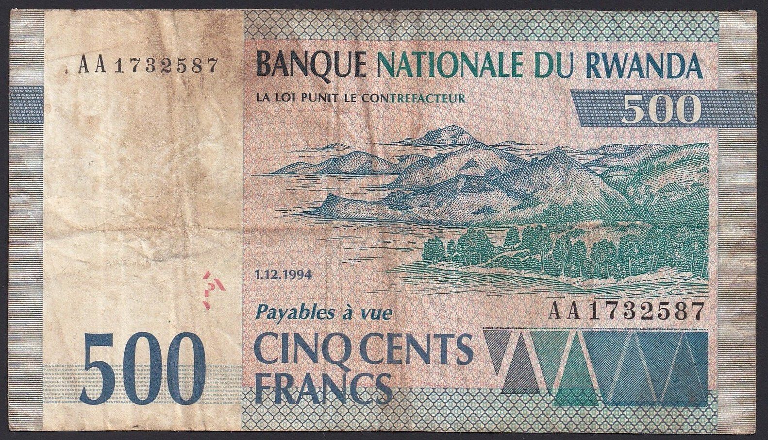 Banconote: Ruanda 500 Francs 1994 – Usato da Brugg AG venduto da banknoten_muesli