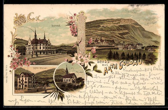 Cartoline postali: Litho Arth Goldau, Bahnhof, Hotel Steine – Usato da Berlin venduto da bartko-reher