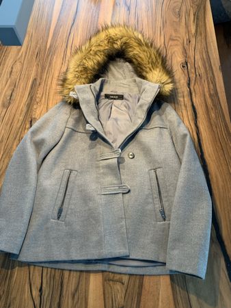 Zara Wintermantel Damen Gr. S - Grau mit Pelz Kapuze