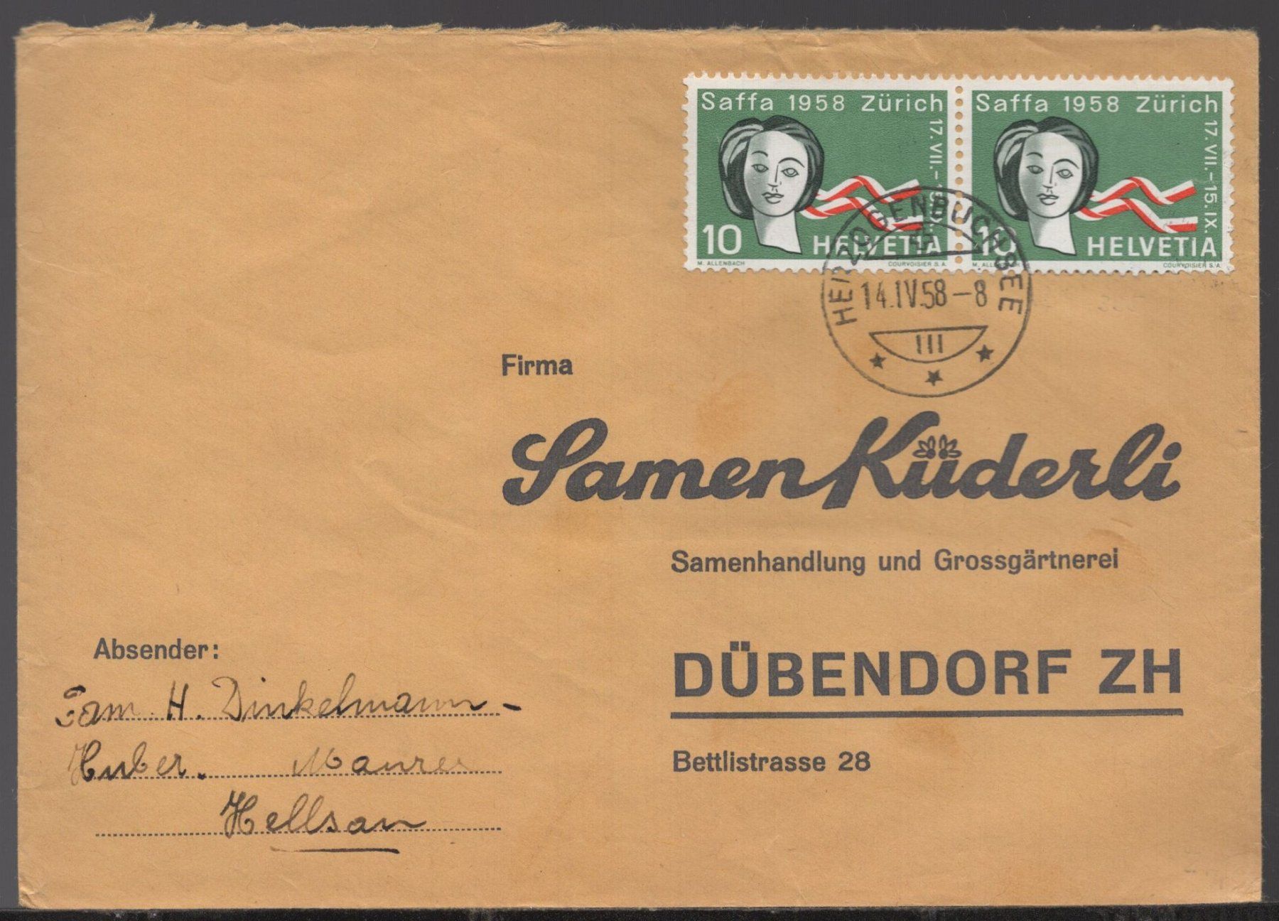 Alle Briefmarken: HERZOGENBUCHSEE, 14.IV.58   Samen Küderli – Gebraucht aus Aarau von kufi44