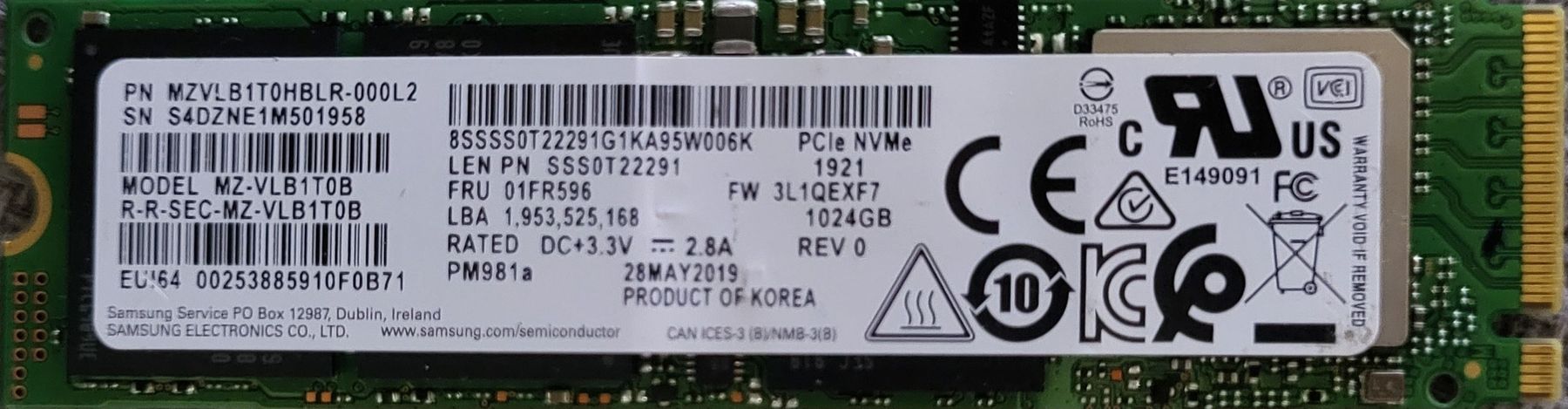Samsung Harddisks: 1×Samsung PM981a 1024GB NVMe SSD – Gebraucht aus Zürich von Gulbi1919