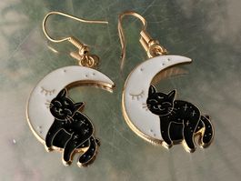 Boucles d'oreilles chat lune doré