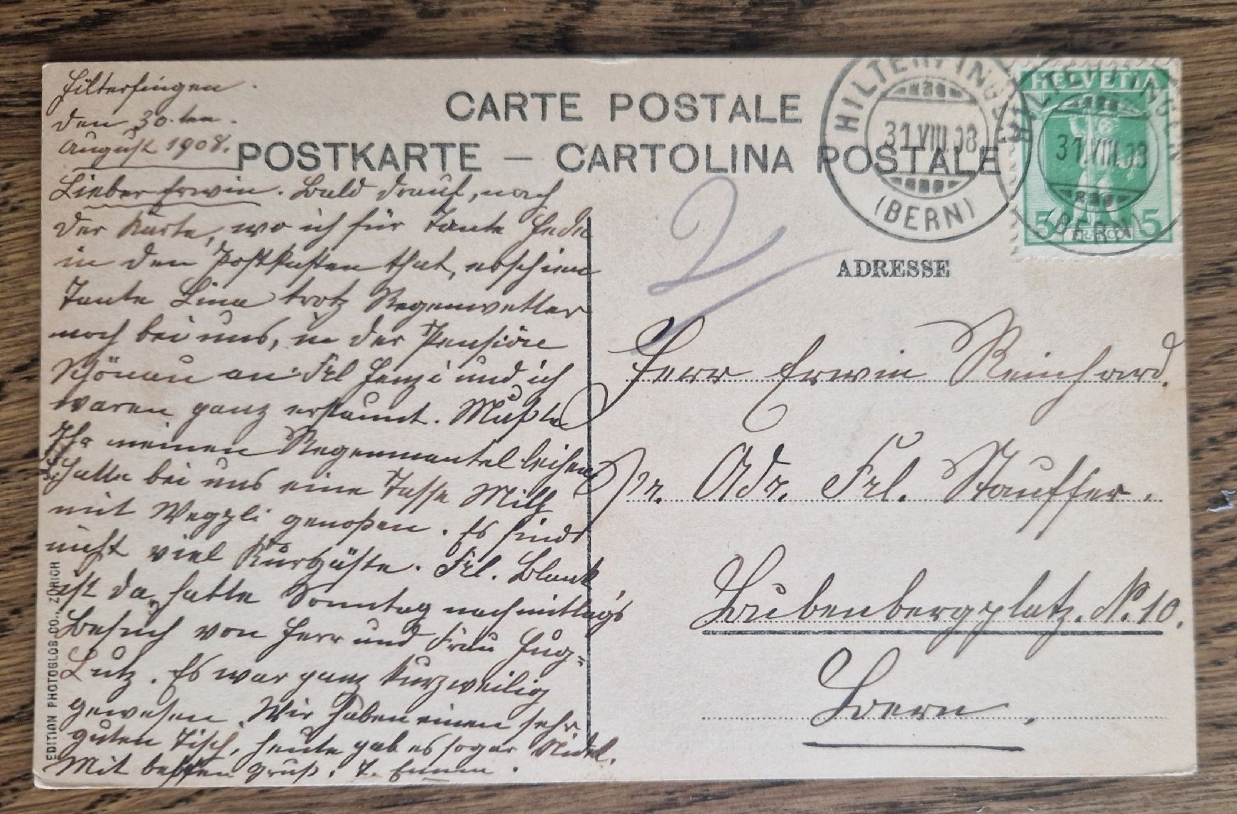 Cartoline postali: Thunersee Hilterfingen 1908, n. Bern – Usato da Ebikon venduto da Donar50 1