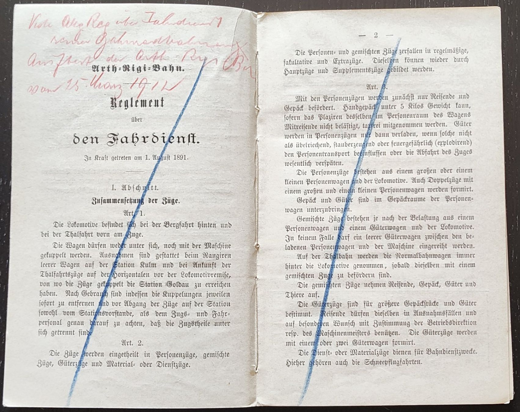Documenti: ARB Rigi-Bahn Dienstreglement 1891 – Usato da Biberist venduto da Slick 2