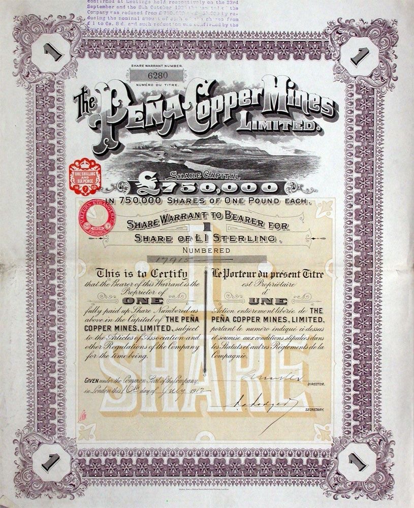 Documenti: Pena Copper Mines Ltd - 1912 – Usato da Solothurn venduto da Sgasche