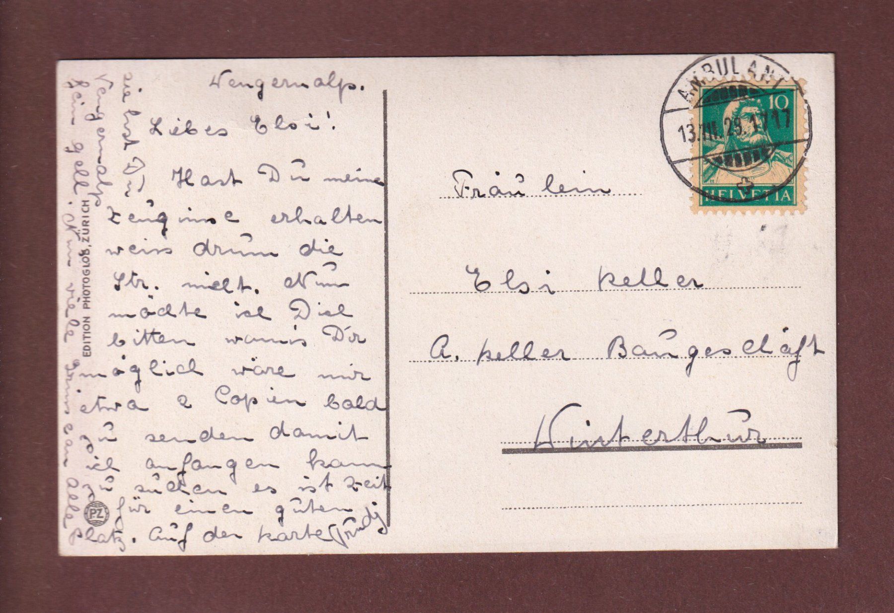 Cartoline postali: WENGERNALP - 1929 – Usato da Pully venduto da nicecards-shop 1