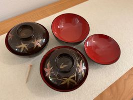 Original japanische Urushi Schalen, handbemalt, Set 3-teilig
