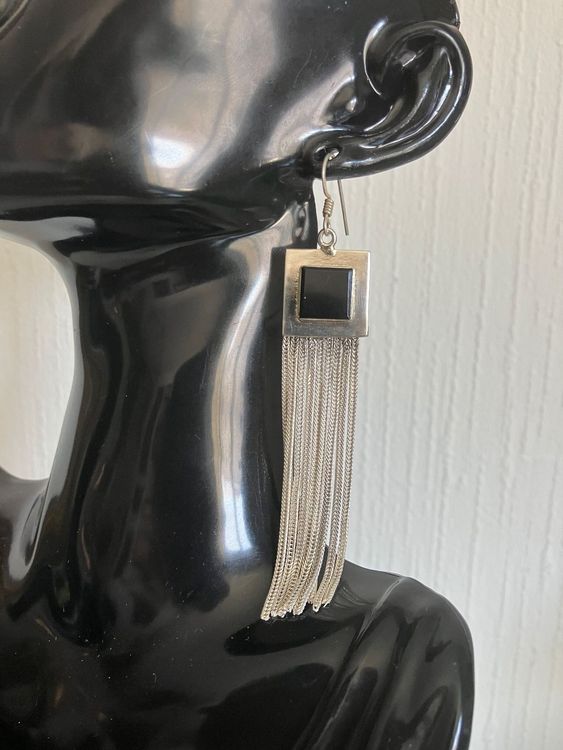 Boucles D'oreilles Pendantes En Onyx Noir Et Argent 925/1000 - Neuves Avec étiquettes