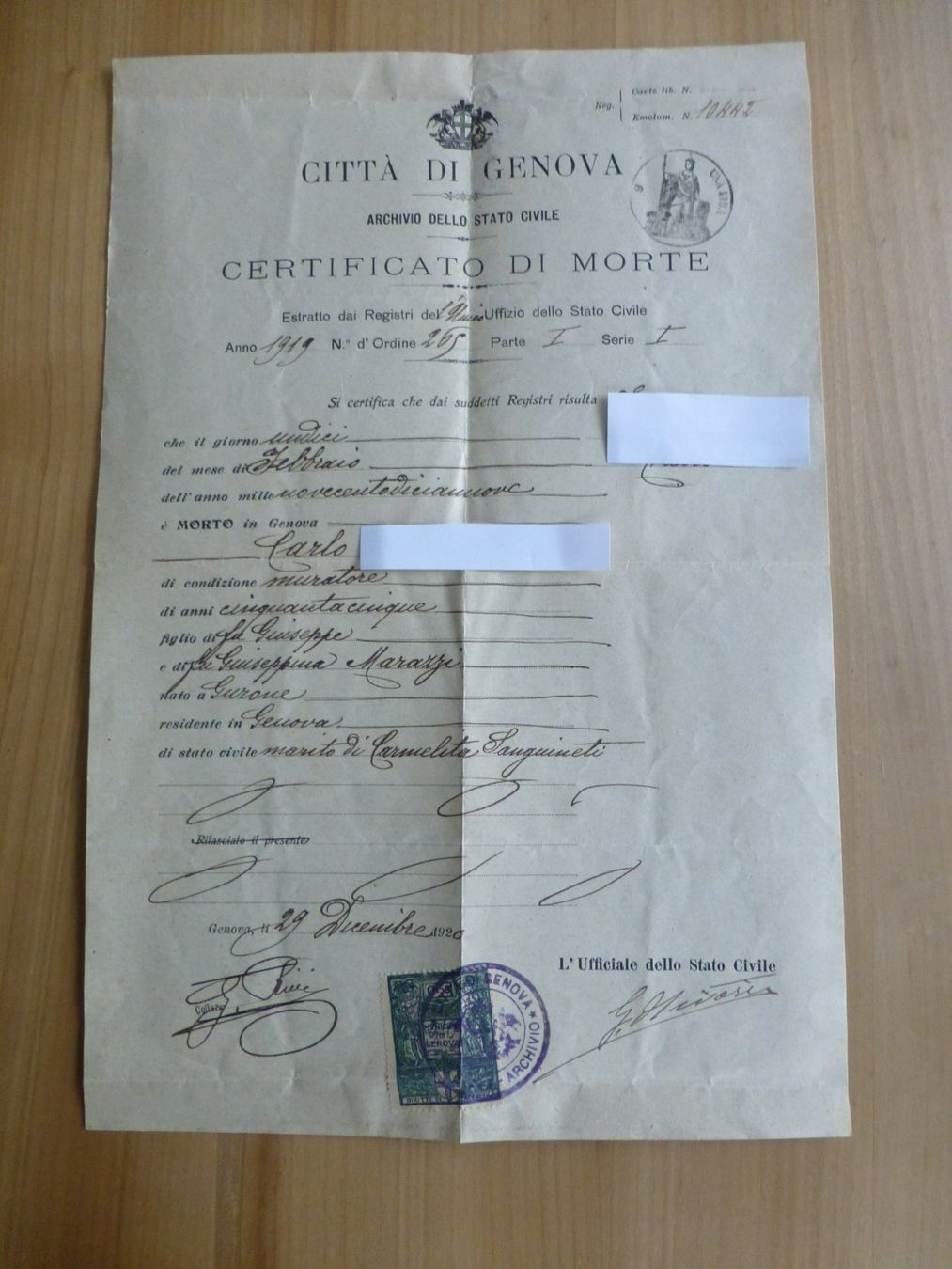 Documenti: Fiskalmarken 50ct. Todes Bestätigung, Genua 1920 – Usato da Bettlach venduto da 1saurer