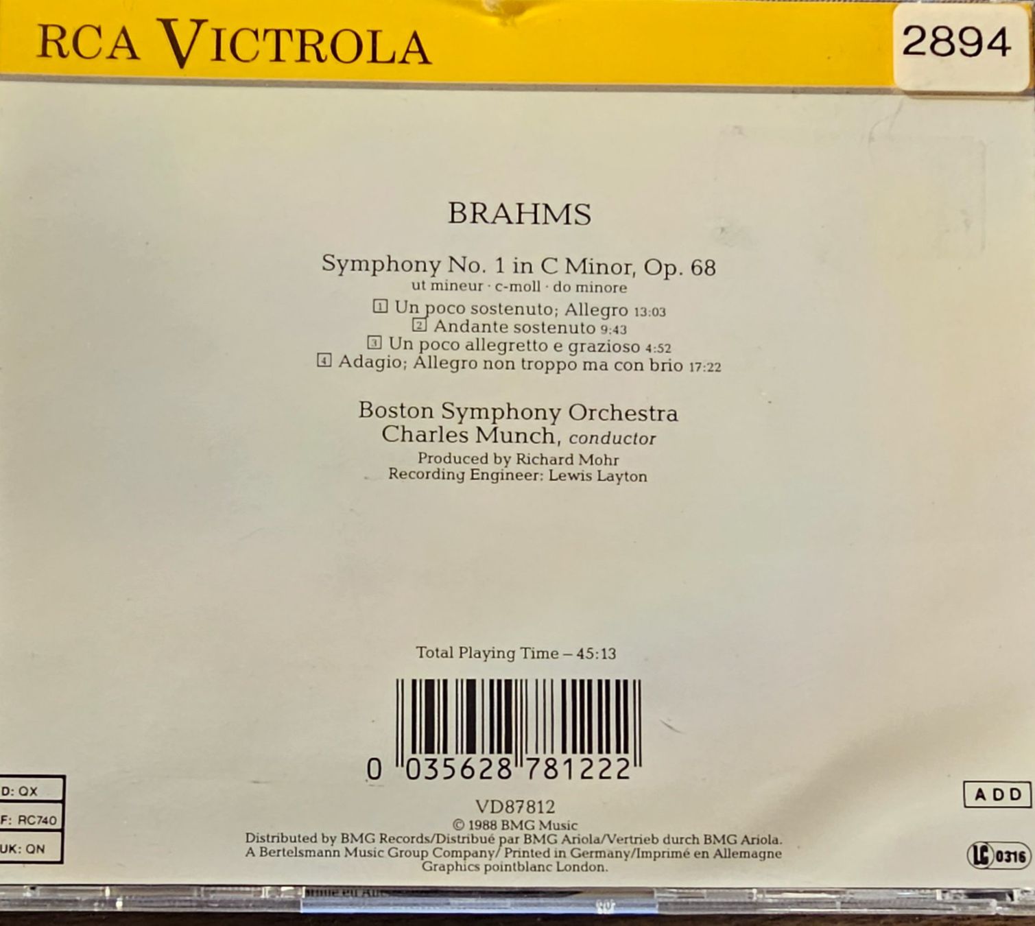 CDs: Brahms - Boston Symphony Orchestra - Symphony No. 1 – Gebraucht aus Wahlen b. Laufen von Cg10 1