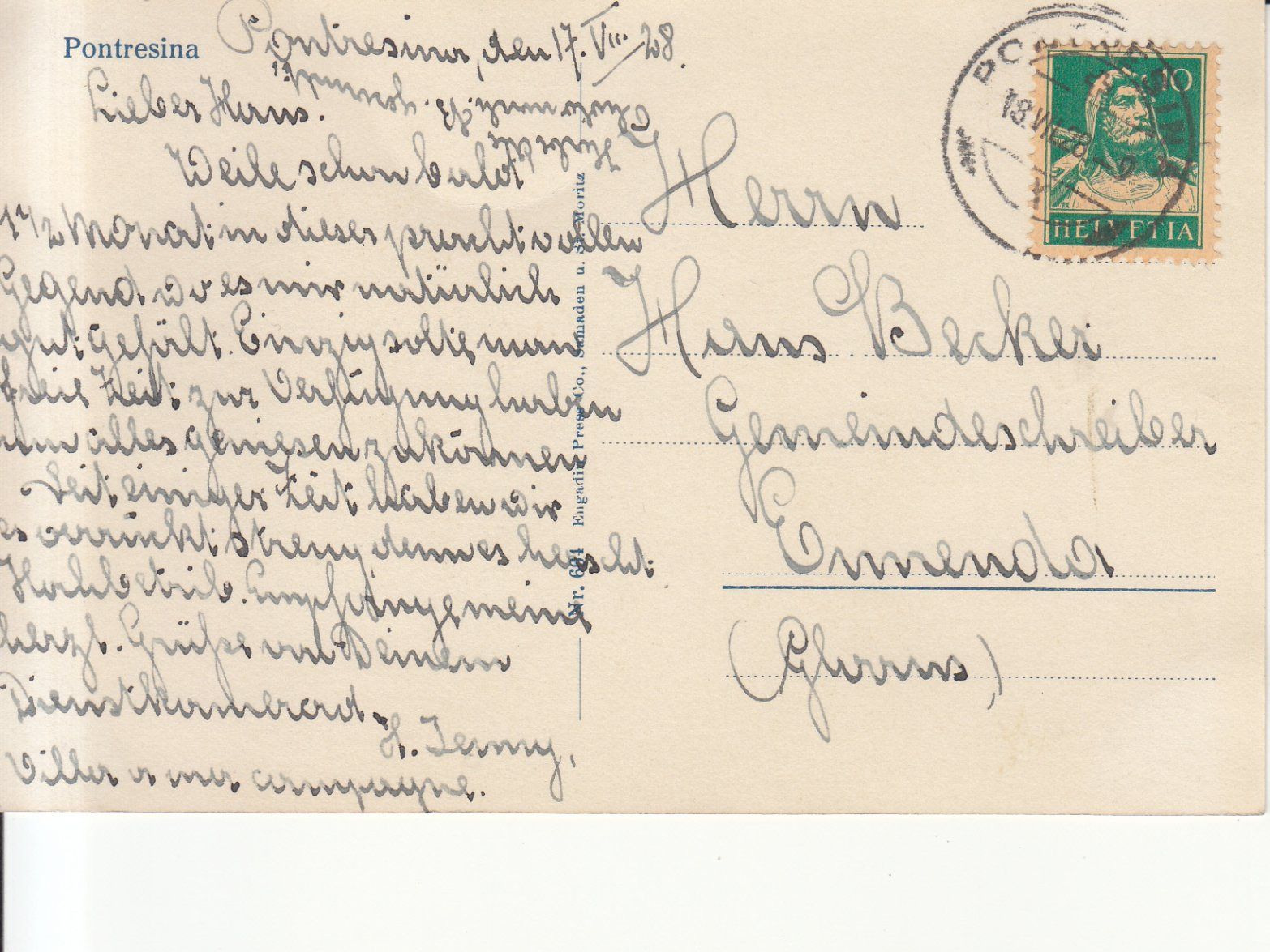 Cartoline postali: Pontresina 1928 – Usato da Bürglen TG venduto da StampGraf 1