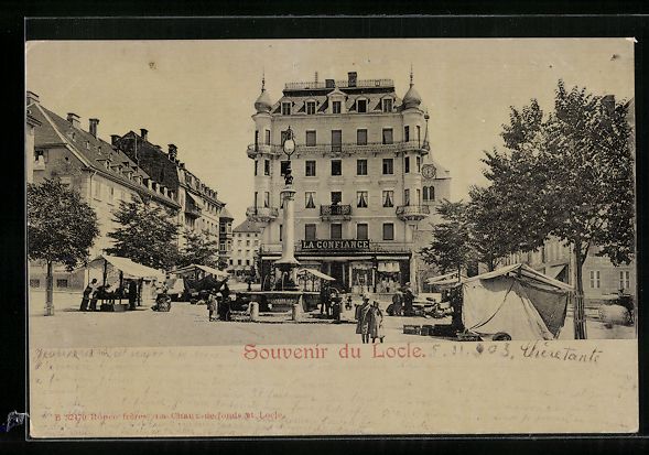 Ansichtskarten: Locle, Marktplatz mit Geschäft und Brun – Gebraucht aus Berlin von bartko-reher