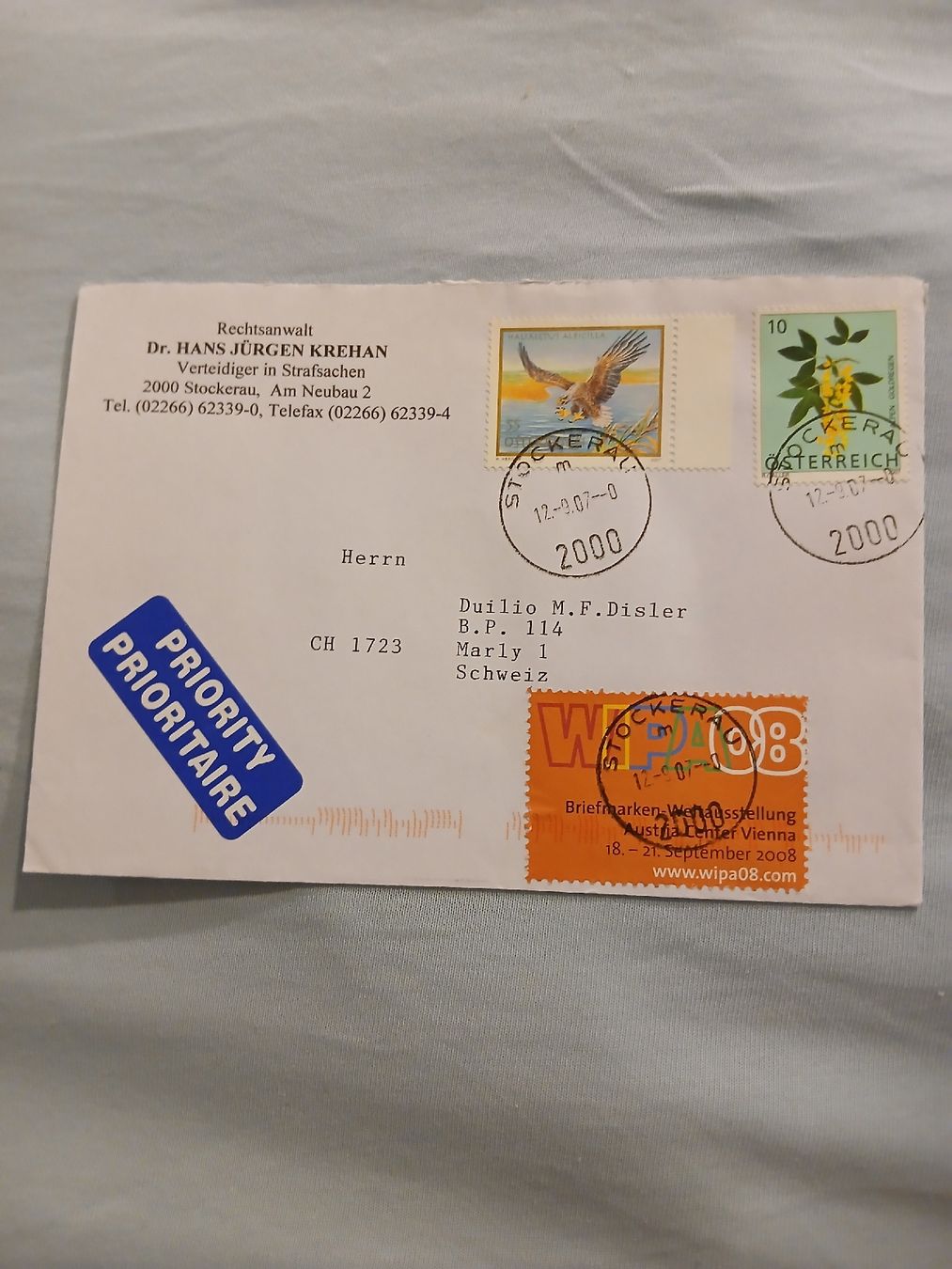 Alle Briefmarken: Enveloppe Autriche Stockerau 2007 oiseau fleurs – Gebraucht aus Marly von globetrotter1723