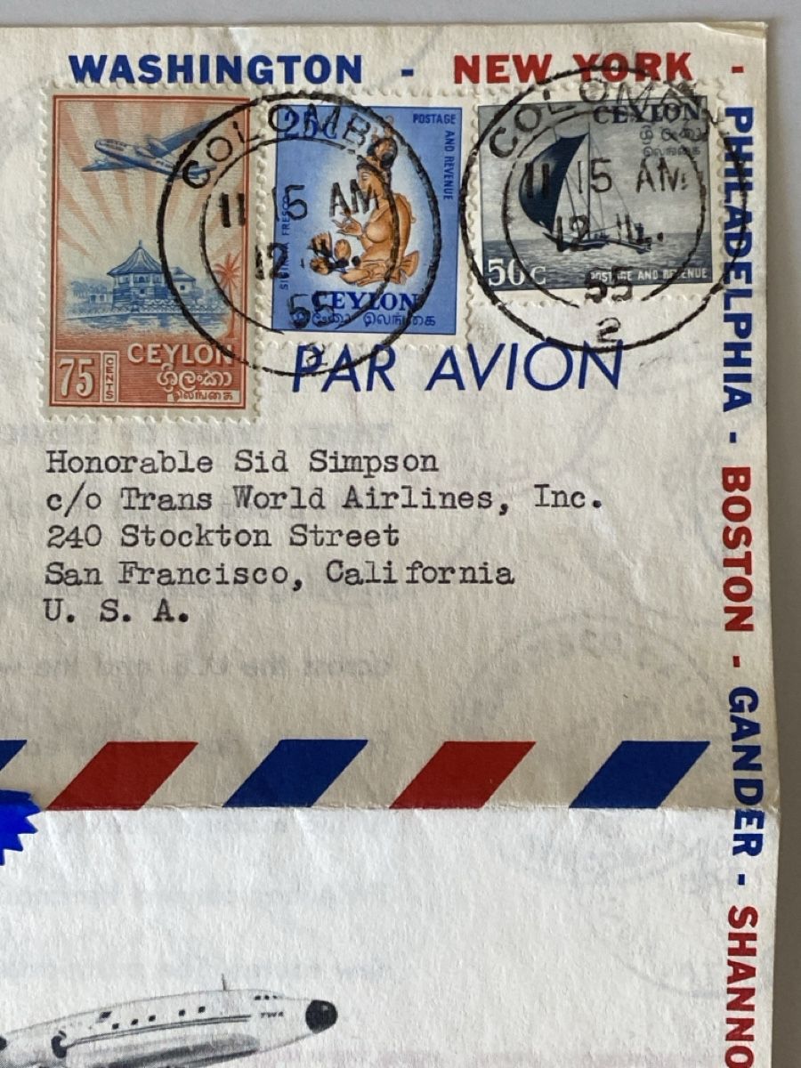 Alle Briefmarken: Colombo Ceylon 1955 Tri Fold TWA 30th Aniv. Flight – Gebraucht aus Emmenbrücke von Raro-Valioso 1