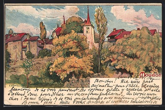 Cartoline postali: Litho Moudon, Ortspanorama mit Kirche – Usato da Berlin venduto da bartko-reher