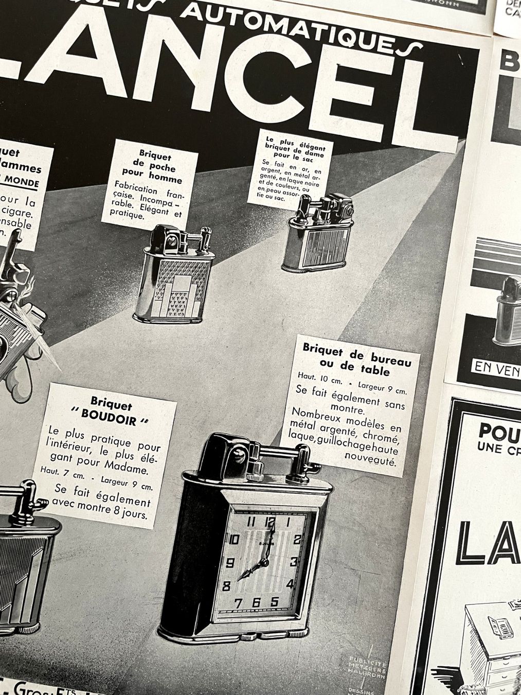 Grafica & Litografie: Lancel Feuerzeug - 5 alte Werbungen / Publicités 1930/31 – Usato da Savagnier venduto da Ne2065