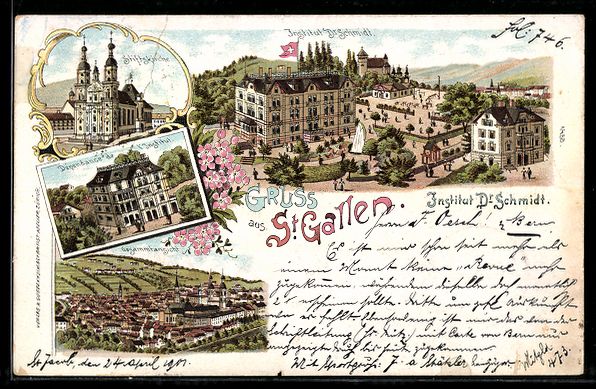 Cartoline postali: Lithographie St. Gallen, Institut Dr. Schmidt u. Dependance, – Usato da Berlin venduto da bartko-reher