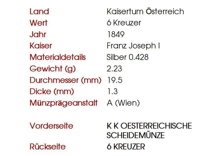 Alle Münzen: 6 Kreuzer 1849A Lot 4 – Gebraucht aus Flamatt von samowarow 1