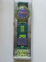 Pop Swatch, Green case, sunburst dial, pink, purple, yellow 