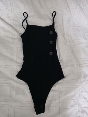 Black Ribbed Bodysuit with Buttons, Spaghetti Straps