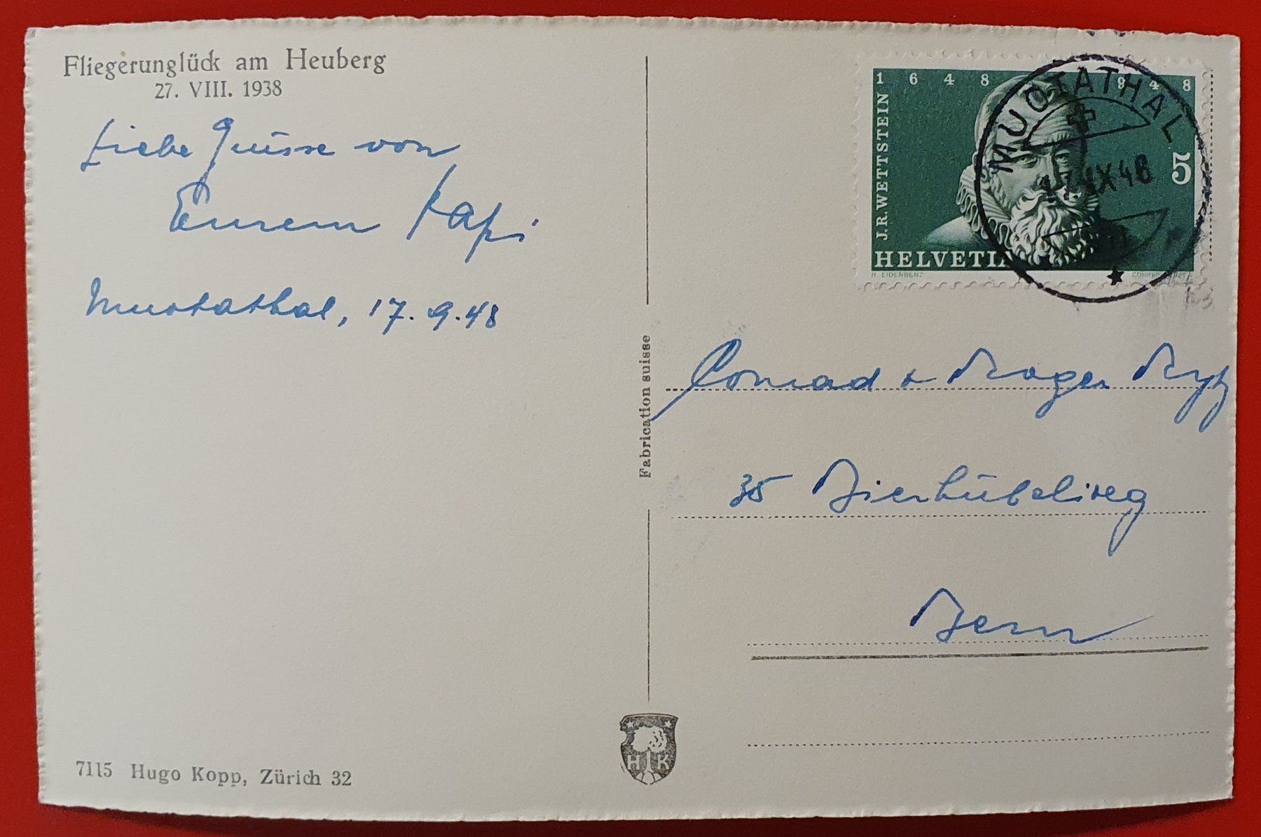 Cartoline postali: Muotathal 1948 - Flieger Denkmal – Usato da Kreuzlingen venduto da Rschweiz1 1