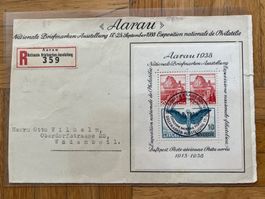Aarau Block 1938 auf Karte der Nationalen Briefmarkenausst.